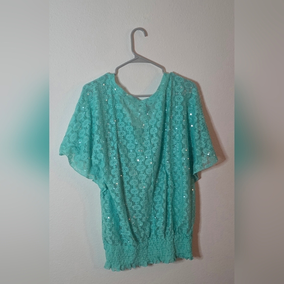 Deb Aqua Lace Sequin Blouse Plus Size Flutter Sleeve Party Dressy Top 3X - Picture 3 of 4